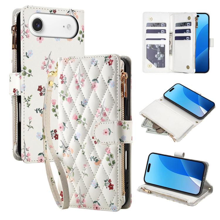 For iPhone Air Flower Pattern Zipper Wallet Vegan Leather Phone Case with Lanyard(Pink Flowers)