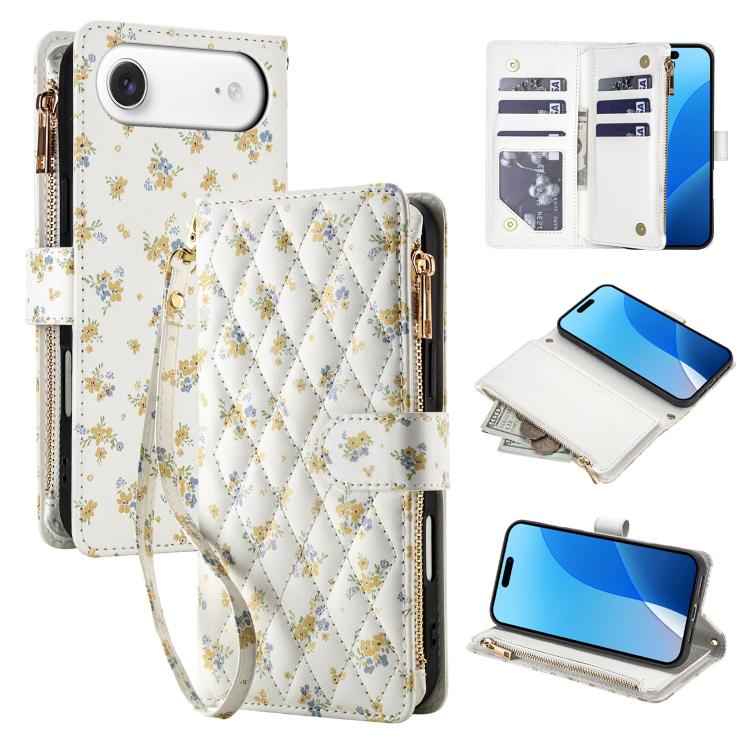 For iPhone Air Flower Pattern Zipper Wallet Vegan Leather Phone Case with Lanyard(Yellow Flowers)