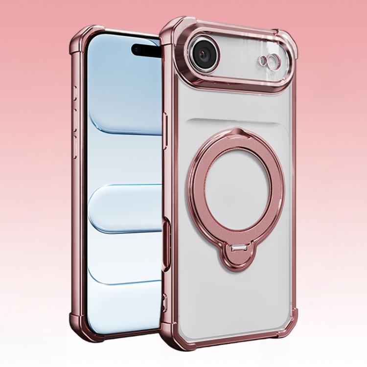 For iPhone Air Four-Corner Airbags Shockproof Rotation Holder Magnetic Phone Case(Rose Pink)