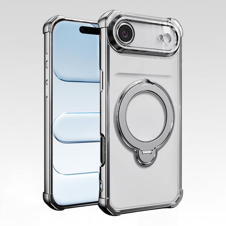 For iPhone Air Four-Corner Airbags Shockproof Rotation Holder Magnetic Phone Case(Silver)