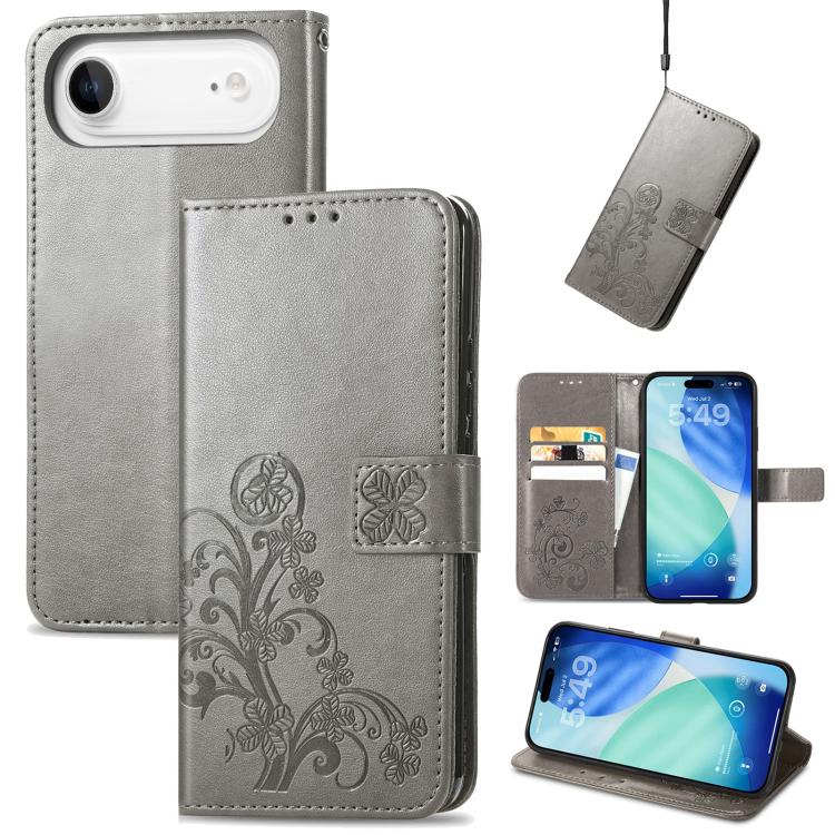For iPhone Air Four-leaf Clasp Embossed Buckle Leather Phone Case(Gray)