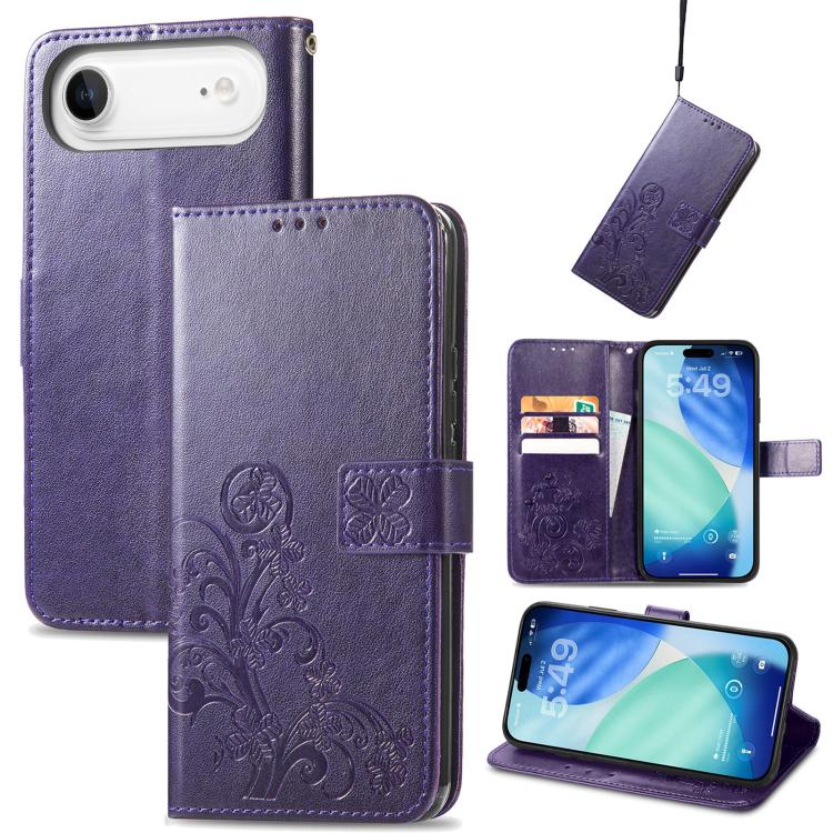 For iPhone Air Four-leaf Clasp Embossed Buckle Leather Phone Case(PUrple)