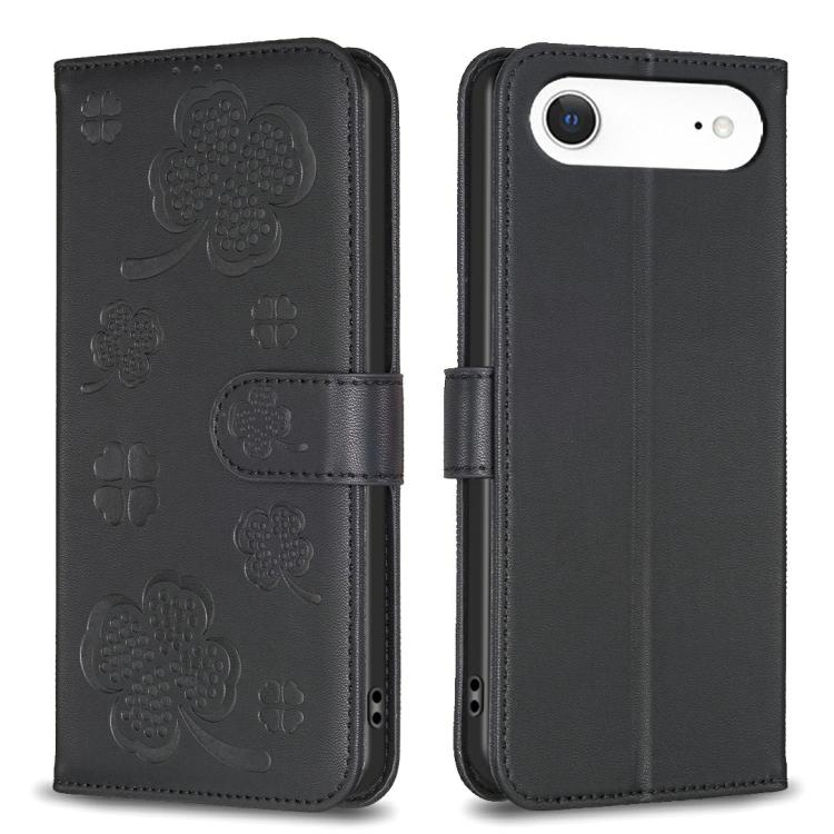 For iPhone Air Four-leaf Embossed Leather Phone Case(Black)