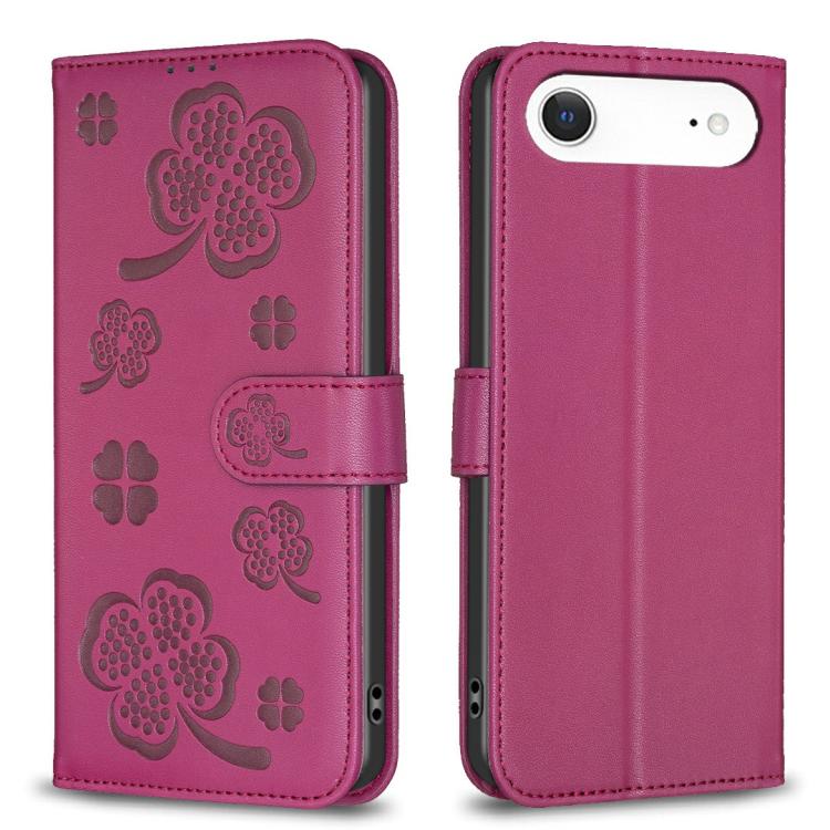 For iPhone Air Four-leaf Embossed Leather Phone Case(Rose Red)