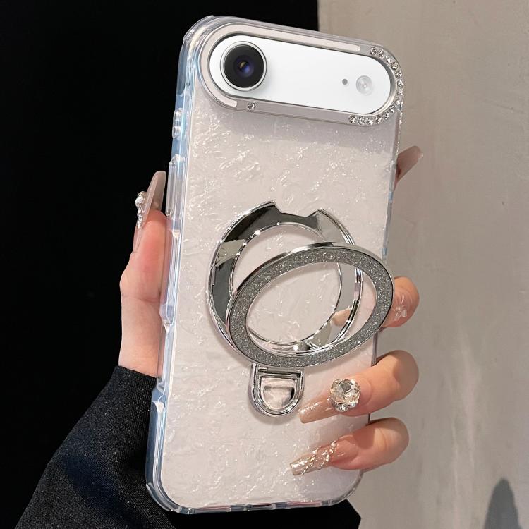 For iPhone Air Gilded Colorful Shell Patterned TPU+IMD Phone Case with Glitter Magnetic Holder(White)
