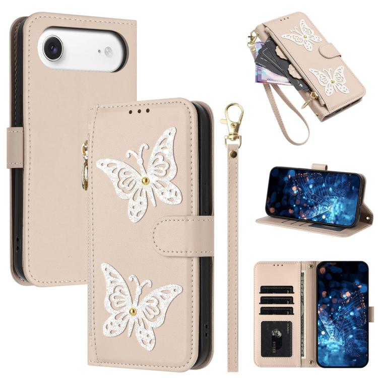 For iPhone Air Glitter Butterfly Zipper Vegan Leather Phone Case with Wrist Strap(Apricot)