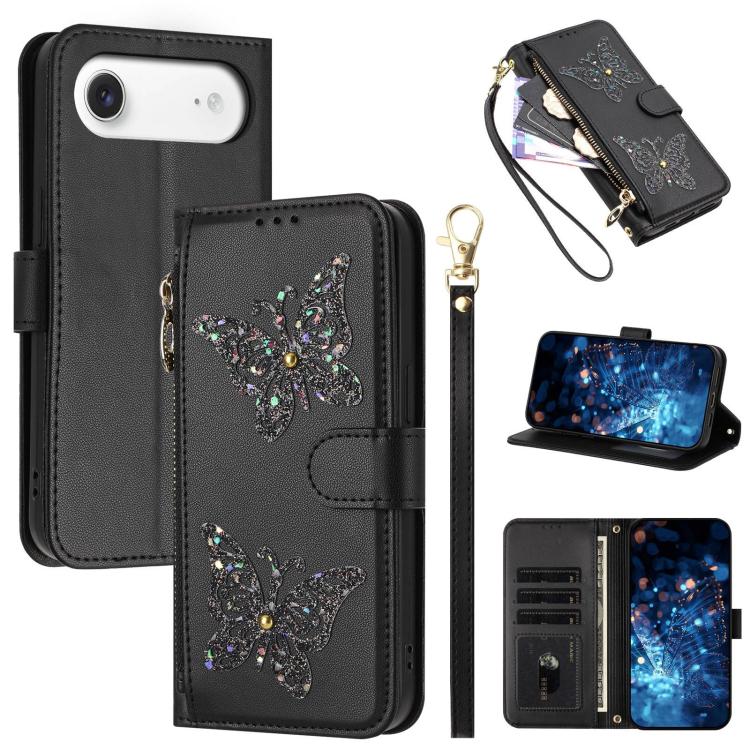 For iPhone Air Glitter Butterfly Zipper Vegan Leather Phone Case with Wrist Strap(Black)