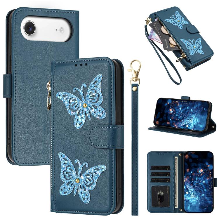For iPhone Air Glitter Butterfly Zipper Vegan Leather Phone Case with Wrist Strap(Blue)
