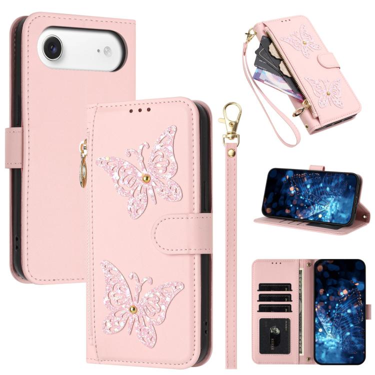For iPhone Air Glitter Butterfly Zipper Vegan Leather Phone Case with Wrist Strap(Pink)