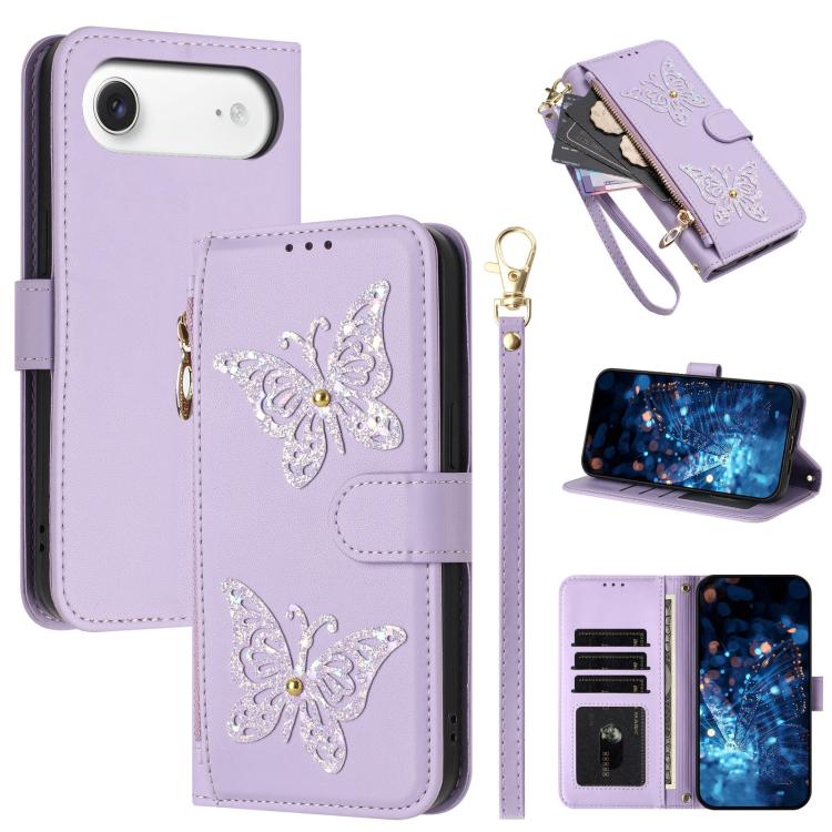 For iPhone Air Glitter Butterfly Zipper Vegan Leather Phone Case with Wrist Strap(Purple)