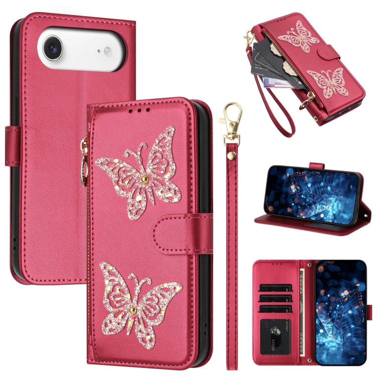 For iPhone Air Glitter Butterfly Zipper Vegan Leather Phone Case with Wrist Strap(Rose Red)
