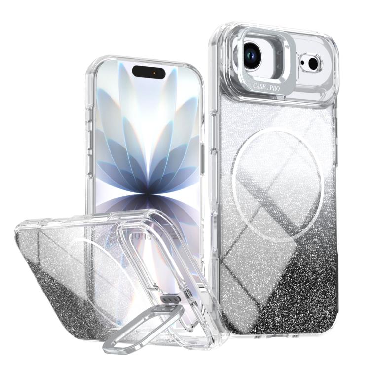 For iPhone Air Glitter Gradient Magnetic Lens Frame Holder Phone Case(Black)