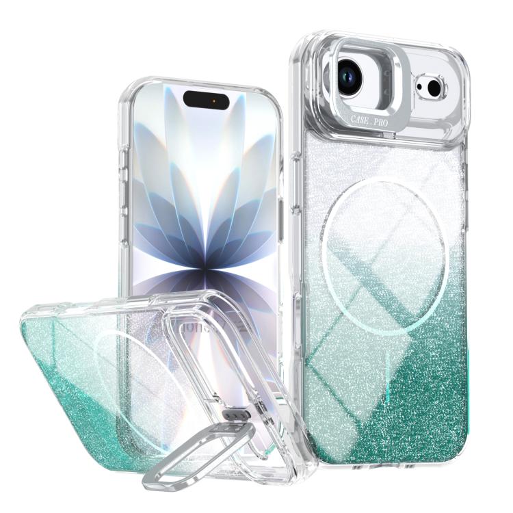 For iPhone Air Glitter Gradient Magnetic Lens Frame Holder Phone Case(Lake Green)