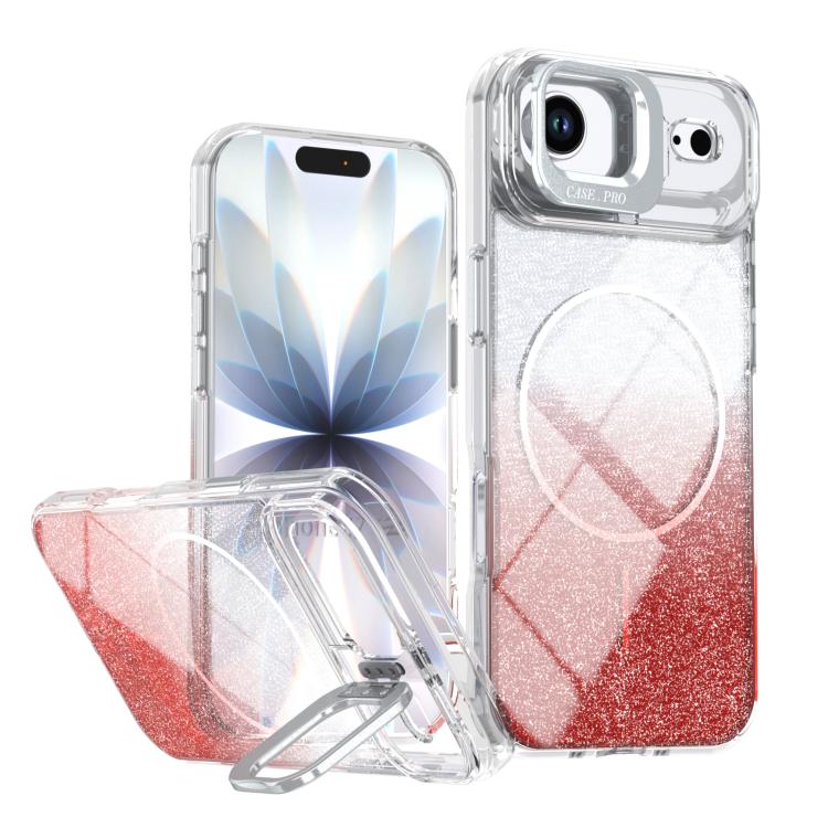 For iPhone Air Glitter Gradient Magnetic Lens Frame Holder Phone Case(Red)