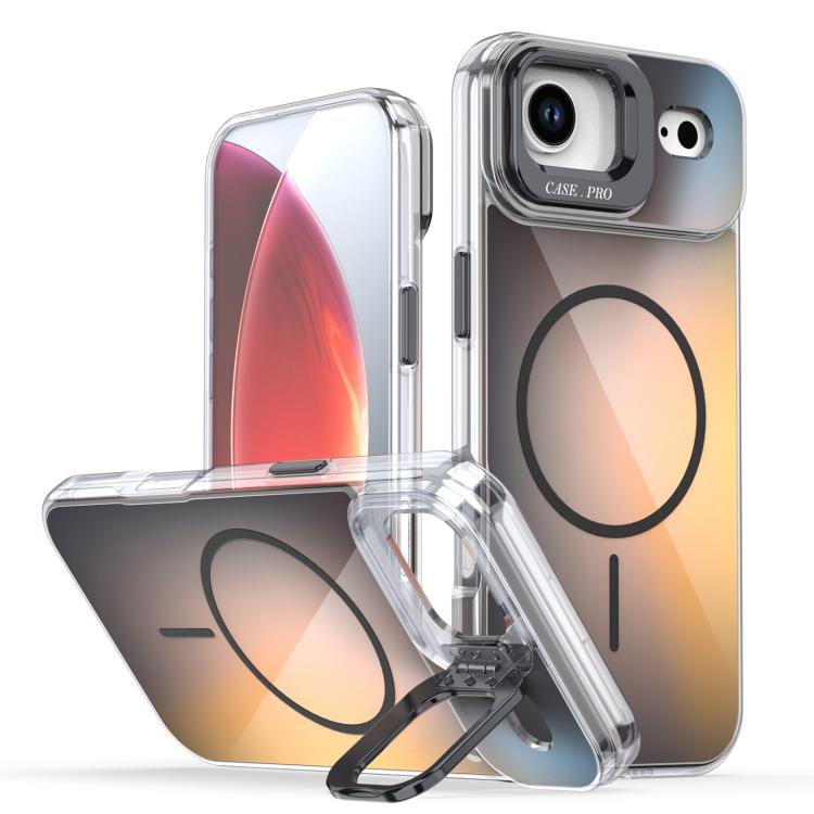For iPhone Air Gradient Discolor Lens Kickstand Magsafe Phone Case(Black)