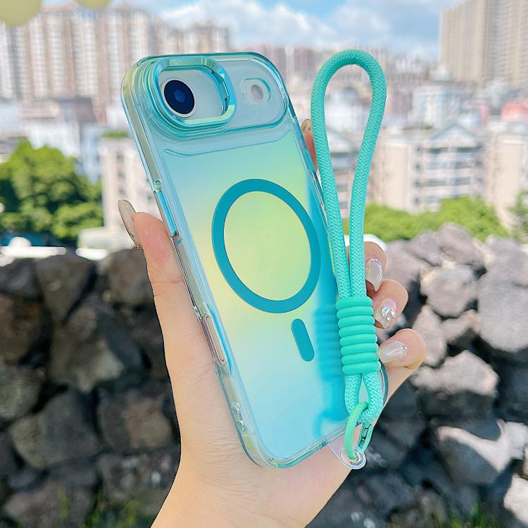For iPhone Air Gradient Discolor MagSafe Phone Case with Holder / Wrist Strap(Blue)