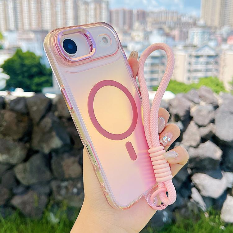 For iPhone Air Gradient Discolor MagSafe Phone Case with Holder / Wrist Strap(Pink)