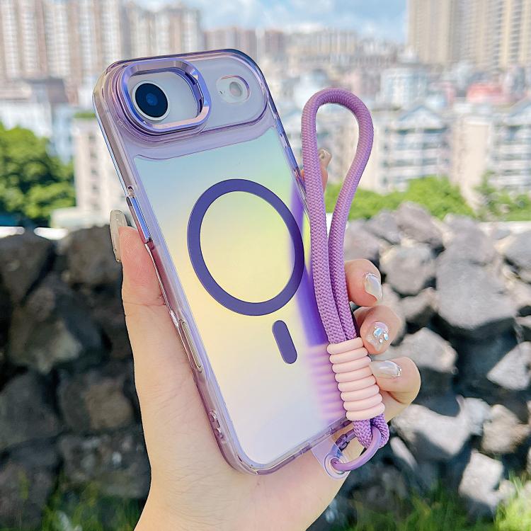 For iPhone Air Gradient Discolor MagSafe Phone Case with Holder / Wrist Strap(Purple)