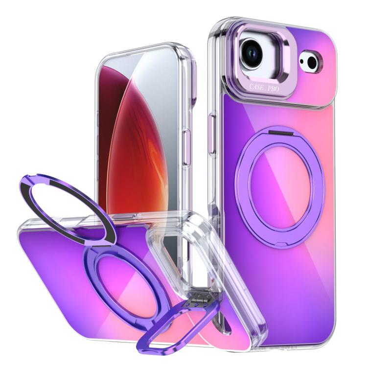 For iPhone Air Gradient Discolor Rotating Holder Lens Kickstand Magsafe Phone Case(Purple)