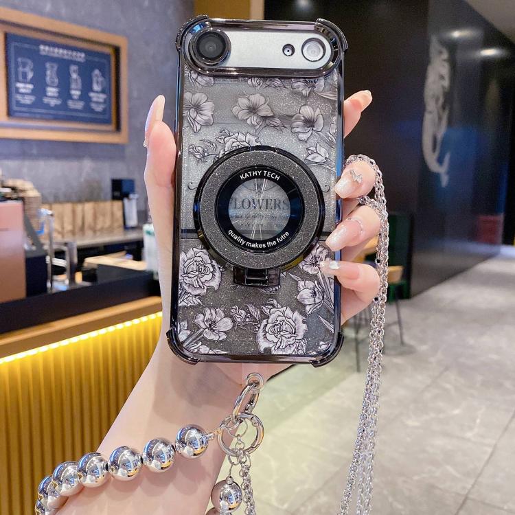 For iPhone Air Gradient Glitter Flowers Electroplated Phone Case with Beaded Strap and Long Chain(Black)
