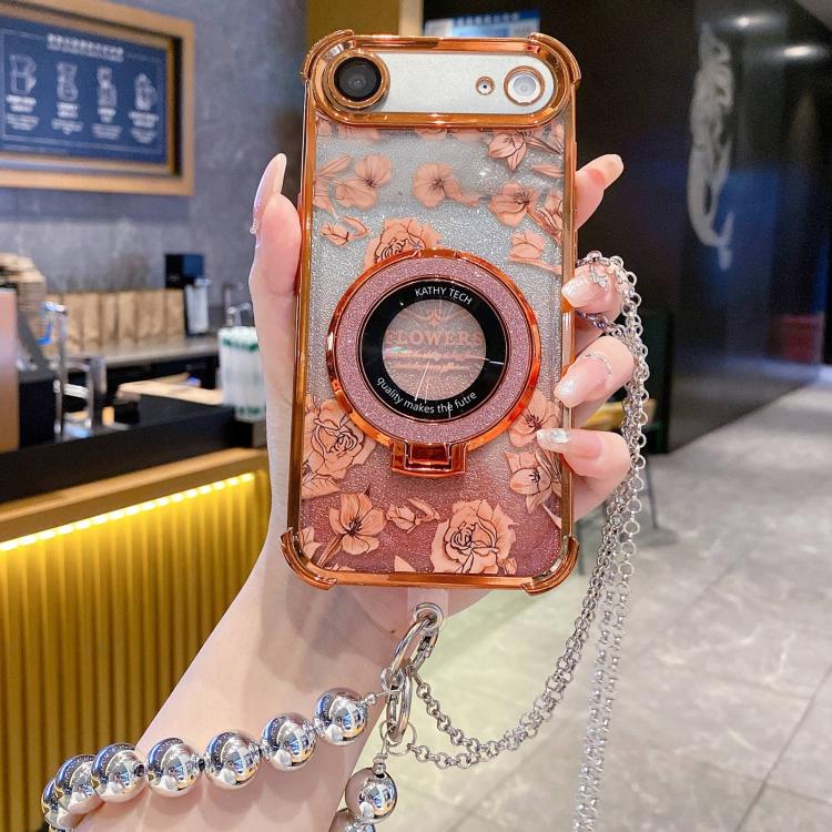 For iPhone Air Gradient Glitter Flowers Electroplated Phone Case with Beaded Strap and Long Chain(Orange)