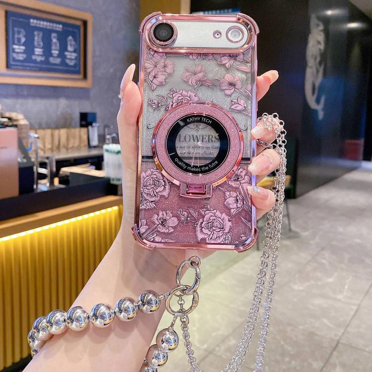 For iPhone Air Gradient Glitter Flowers Electroplated Phone Case with Beaded Strap and Long Chain(Pink)