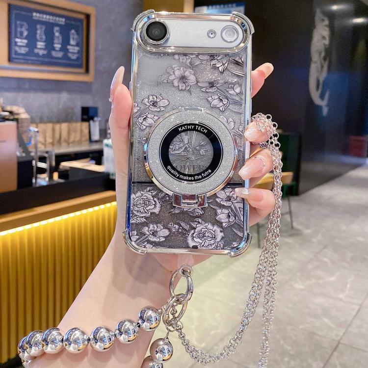 For iPhone Air Gradient Glitter Flowers Electroplated Phone Case with Beaded Strap and Long Chain(Silver)