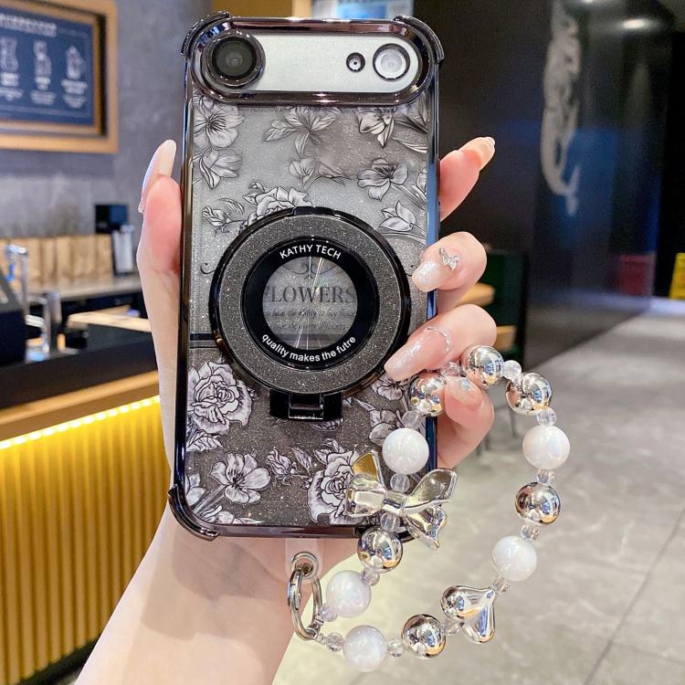 For iPhone Air Gradient Glitter Flowers Electroplated Phone Case with Wrist Strap(Black)