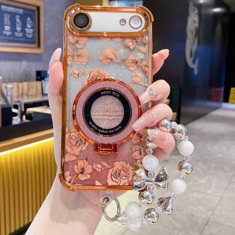 For iPhone Air Gradient Glitter Flowers Electroplated Phone Case with Wrist Strap(Orange)