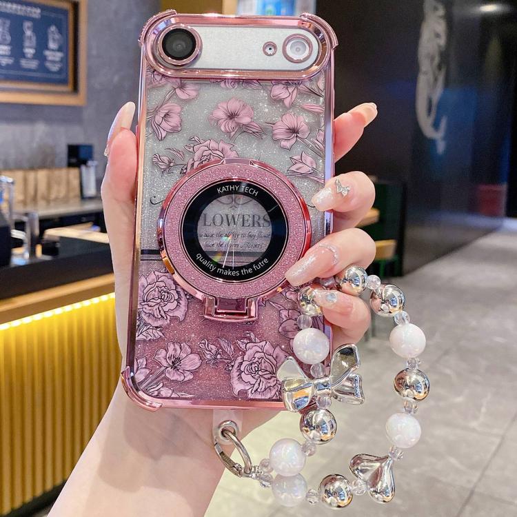 For iPhone Air Gradient Glitter Flowers Electroplated Phone Case with Wrist Strap(Pink)