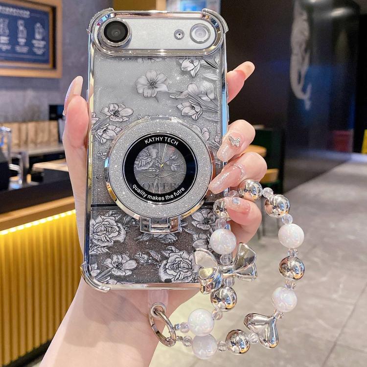 For iPhone Air Gradient Glitter Flowers Electroplated Phone Case with Wrist Strap(Silver)