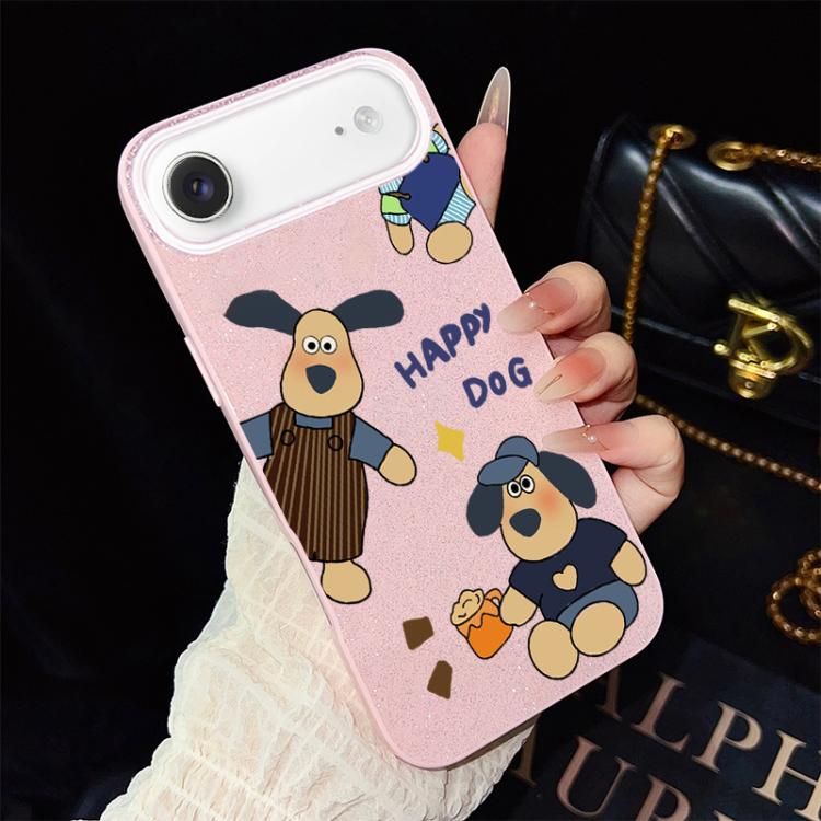 For iPhone Air Happy Dog Pattern IMD Glitter PC Hybrid TPU Phone Case(Pink)