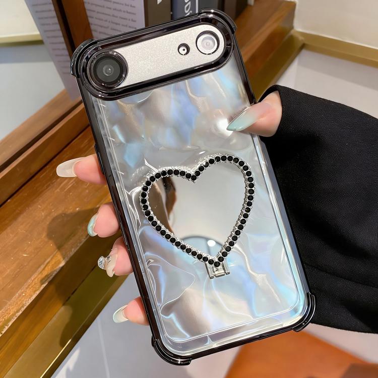 For iPhone Air Heart-shaped Mirror Electroplated TPU + Acrylic Phone Case with Holder(Black)