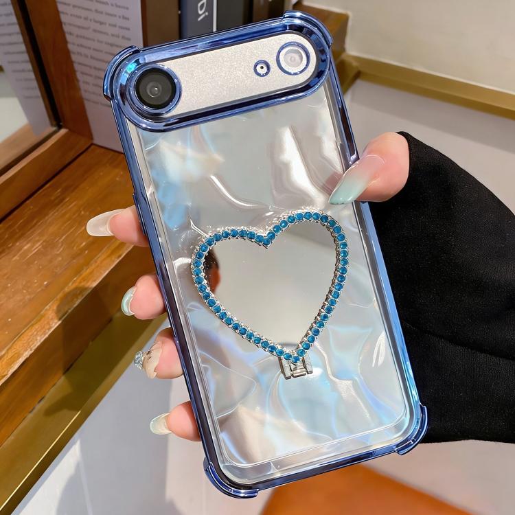 For iPhone Air Heart-shaped Mirror Electroplated TPU + Acrylic Phone Case with Holder(Blue)