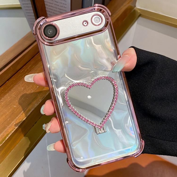 For iPhone Air Heart-shaped Mirror Electroplated TPU + Acrylic Phone Case with Holder(Pink)