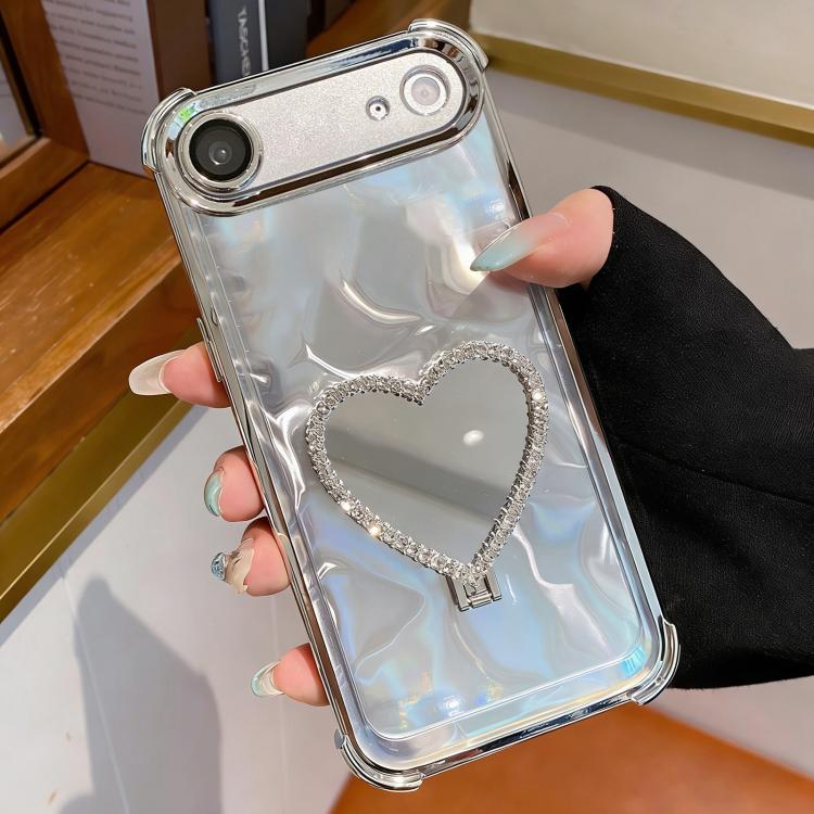 For iPhone Air Heart-shaped Mirror Electroplated TPU + Acrylic Phone Case with Holder(Silver)