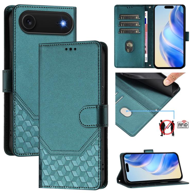 For iPhone Air Honeycomb Embossing RFID Leather Phone Case(Peacock Green)