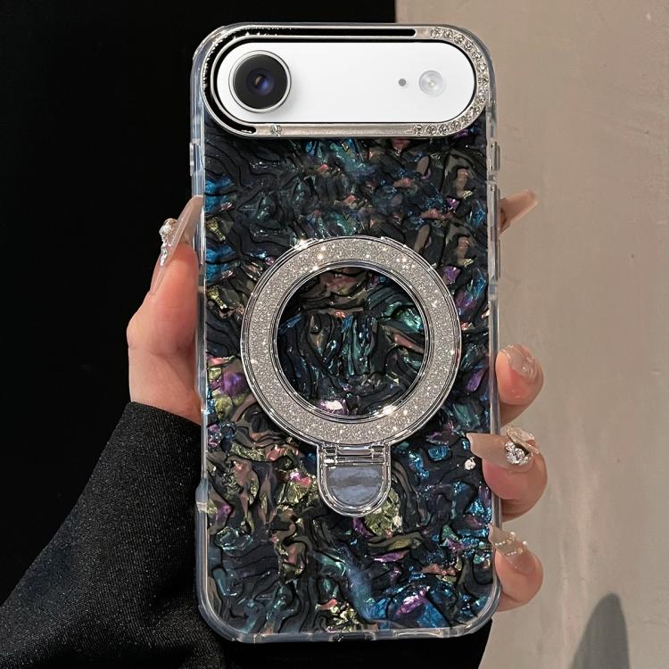 For iPhone Air Ink Rhythm Colorful Shell Pattern TPU Hybrid IMD Phone Case with Glitter Holder(Black)