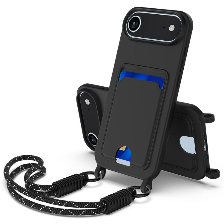 For iPhone Air Integrated Card Bag Solid Color Liquid Silicone Phone Case Gen2 with Short Lanyard(Black)