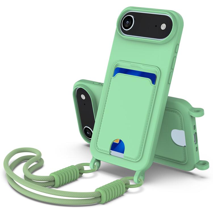 For iPhone Air Integrated Card Bag Solid Color Liquid Silicone Phone Case Gen2 with Short Lanyard(Green)