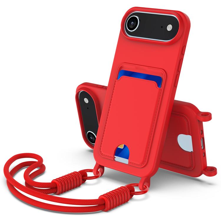 For iPhone Air Integrated Card Bag Solid Color Liquid Silicone Phone Case Gen2 with Short Lanyard(Red)