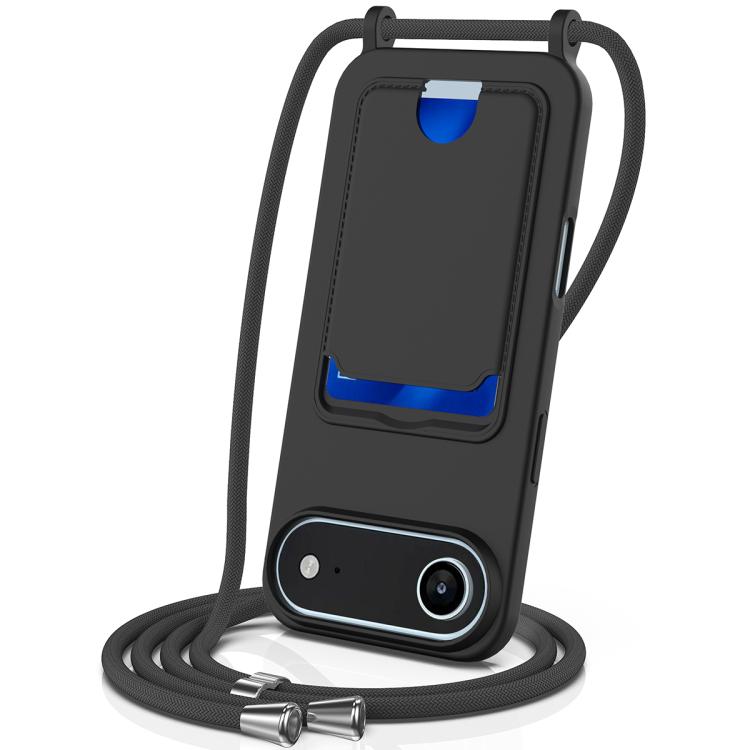 For iPhone Air Integrated Card Bag Solid Color Liquid Silicone Phone Case with Lanyard(Black)