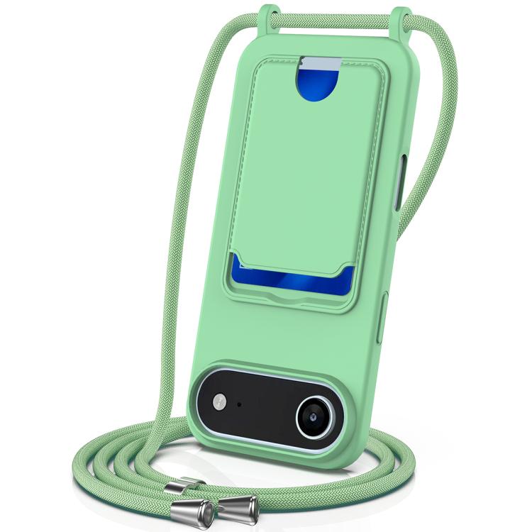 For iPhone Air Integrated Card Bag Solid Color Liquid Silicone Phone Case with Lanyard(Green)
