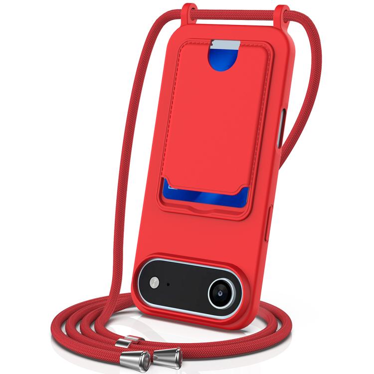 For iPhone Air Integrated Card Bag Solid Color Liquid Silicone Phone Case with Lanyard(Red)