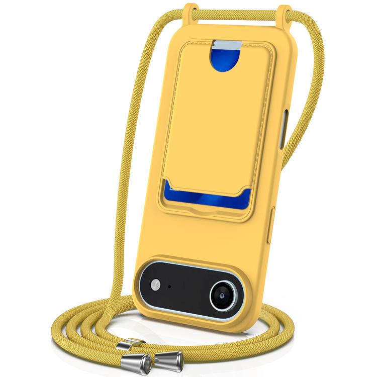 For iPhone Air Integrated Card Bag Solid Color Liquid Silicone Phone Case with Lanyard(Yellow)