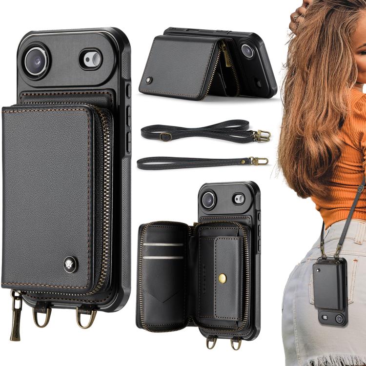 For iPhone Air JEEHOOD C22 Series Zipper Wallet Leather Phone Case with Dual Lanyard(Black)