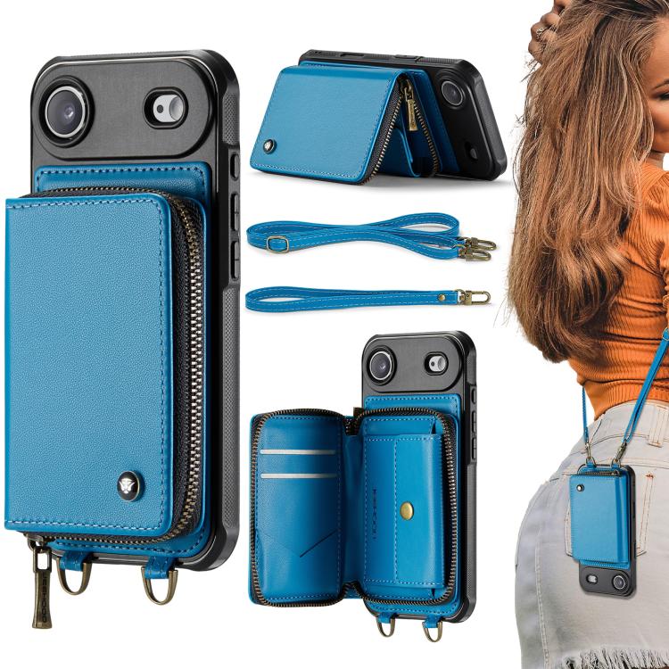 For iPhone Air JEEHOOD C22 Series Zipper Wallet Leather Phone Case with Dual Lanyard(Blue)