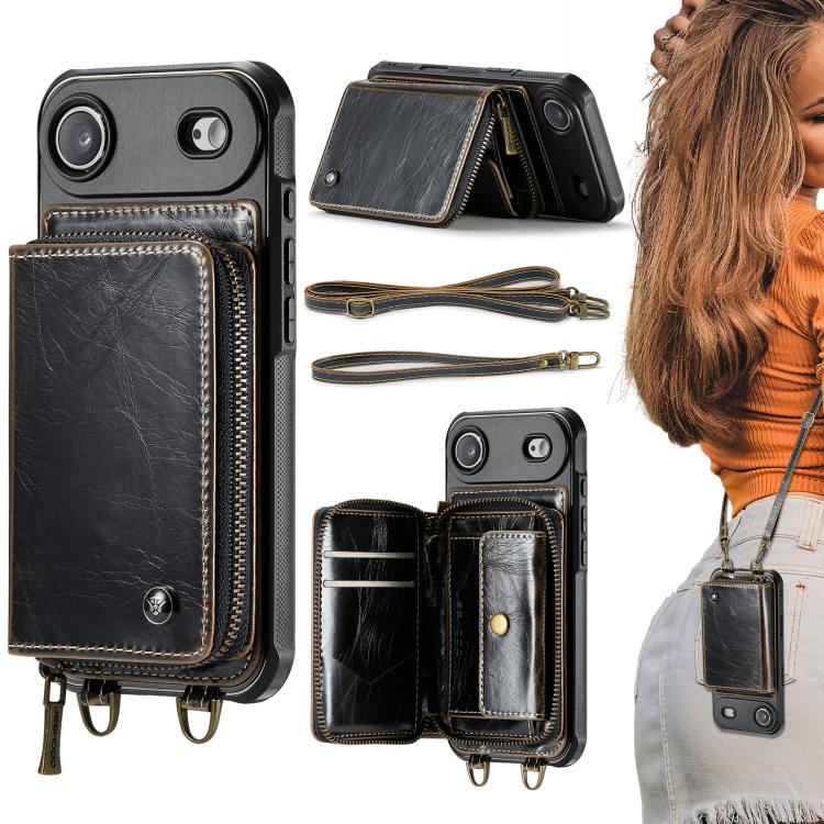 For iPhone Air JEEHOOD C22 Series Zipper Wallet Leather Phone Case with Dual Lanyard(Coffee)