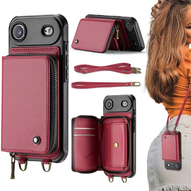 For iPhone Air JEEHOOD C22 Series Zipper Wallet Leather Phone Case with Dual Lanyard(Red)