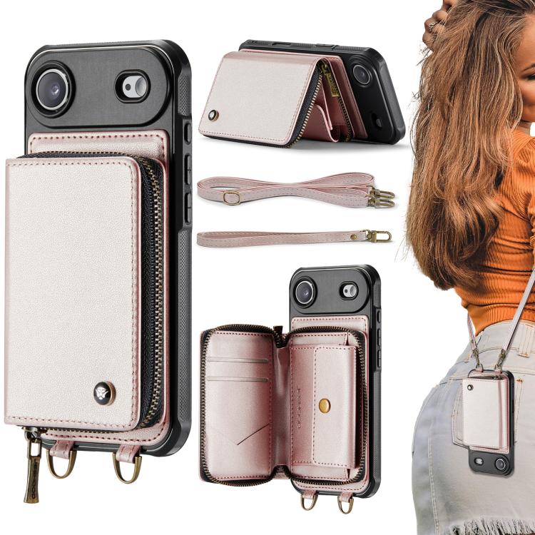 For iPhone Air JEEHOOD C22 Series Zipper Wallet Leather Phone Case with Dual Lanyard(Rose Gold)